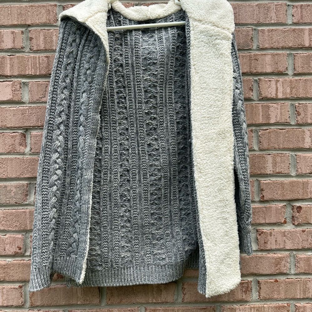 Gray and Cream Cable Knit Cardigan Sweater Hoodie